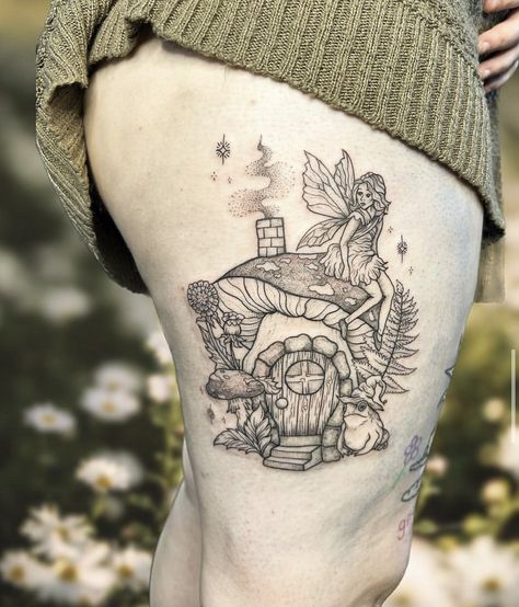 Fairy Half Sleeve Tattoo, Cottagecore Sleeve Tattoo, Fairy Tattoo Thigh, Fairy Door Tattoo, Forest Fairy Tattoo Sleeve, Upper Sleeve Tattoo, Fairy House Tattoo, Secret Garden Tattoo, Mushroom House Tattoo