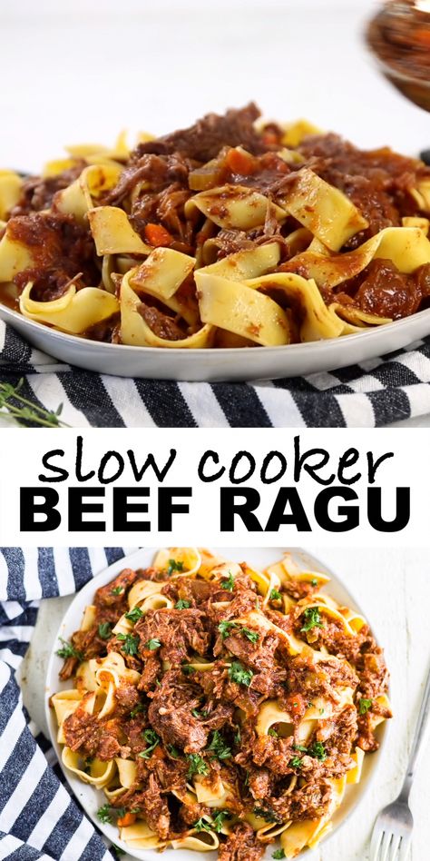 Set your crock pot and come home to an authentic Italian dinner of slow cooker beef ragu. This easy, healthy recipe is braised, cooked on low and falls apart to make a rich, protein-filled sauce you can serve with pappardelle, veggie noodles or even polenta. Your family will love it and it’s an easy one to throw in the freezer. #slowcooker #crockpot #dinner #beefragu #glutenfree #whole30 #paleo #weeknight #meal Slow Cooker Beef Ragu, Beef Ragu Recipe, Beef Shin, Lazy Cooking, Vj Cooks, Resep Pasta, Beef Ragu, Ragu Recipe, Veggie Noodles