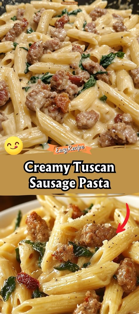 Indulge in the rich, comforting flavors of Creamy Tuscan Sausage Pasta. This dish features spicy Italian sausage, sun-dried tomatoes, and spinach in a creamy garlic parmesan sauce. It’s a flavorful, hearty meal that brings the tastes of Tuscany to your table in under 30 minutes. #TuscanPasta #SausagePasta #WeeknightDinner Creamy Tuscan Sausage Pasta, Tuscan Sausage Pasta, Pasta Salad Simple, Italian Casseroles, Sausage Dinners, Italian Sausage Recipes Pasta, Tuscan Sausage, Creamy Sausage Pasta, Sausage Spinach Pasta