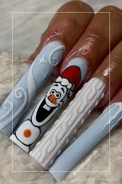 frozen christmas nails Nail Art Designs Snowflakes, Frozen Nails Designs, Olaf Nails Designs, Holiday Manicure Ideas, Frozen Theme Nails, Disney Frozen Nails Acrylic, Cartoon Nail Art Designs, Frozen Nail Designs, Frozen Nails Acrylic Elsa