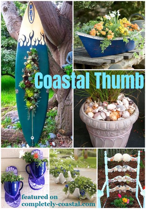 Planter Ideas for those with a Coastal Thumb! Awesome Porch and Garden Planters featured on Completely Coastal. From a vertical surfboard planter, to boat planters to seashell mulch, and much more. Coastal and Beach Garden Inspiration Images and Shopping Sources. Nautical Garden Ideas, Beach Theme Garden, Coastal Backyard, Beach House Landscaping, Nautical Outdoor Decor, Coastal Landscaping, Seaside Garden, Backyard Beach, Beach Garden