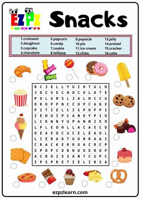 Free Printable Word Search Worksheets For Kids Topic Snacks Kindergarten Preschool Game Food Learning Activities For Kids, Food Word Search, Game Kindergarten, Word Puzzles For Kids, Word Games For Kids, First Grade Reading Comprehension, Free Printable Word Searches, Reading Comprehension Kindergarten, English Teaching Materials