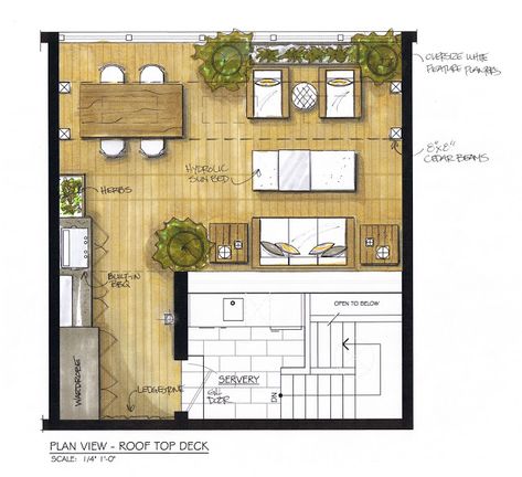 A rooftop deck with custom outdoor kitchen, built-in storage, modern dining table, Restoration hardware outdoor lounge furniture and ottoman that converts to a sunbed. See progress pics on the  CREED Blog in link. |  Plan by:  CAROL REED INTERIOR DESIGN Deck Design Plans, Urban Rooftop, Terrasse Design, Terrace Floor, Deck Layout, Rooftop Terrace Design, Rooftop Design, Interior Design Sketches, Rooftop Patio