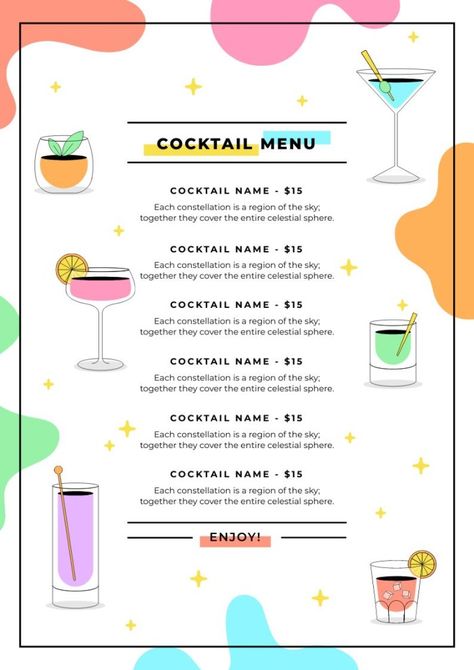 Mocktails Menu, Menu Graphic Design, Menu Graphic, Drink Menu Template, Drink Menu Design, Cocktail Names, Menu Layout, Paper Layout, Cocktail Drink