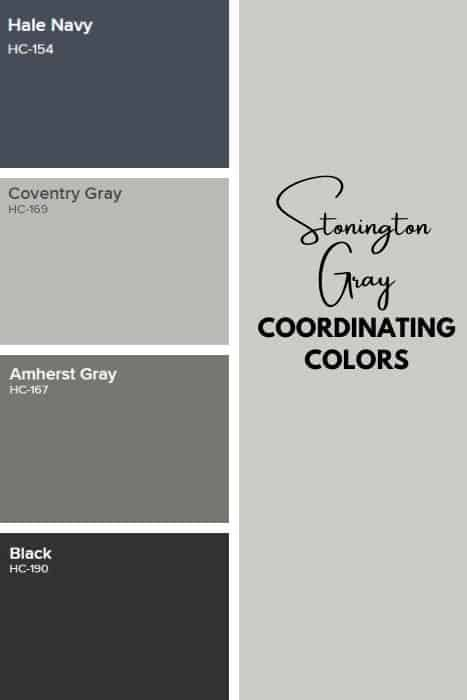 Benjamin Moore Stonington Gray is such a versatile gray paint color. It easily coordinates with a ton of other paint colors. # paintcolors #interiordesign #gray Paint Colors For Ranch Style Homes Exterior, Colors That Go With Stonington Gray, Benjamin Moore Gray Exterior House Paint, Stonington Gray Benjamin Moore Bedroom, Coventry Gray Benjamin Moore Exterior, Stonington Gray Benjamin Moore Exterior, Grey Exterior Paint Colors For House, Benjamin Moore Greys, Exterior House Colors Benjamin Moore