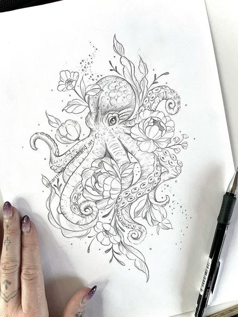 Cute Octopus Tattoo, Unique Spine Tattoos For Women, Unique Spine Tattoos, Ocean Sleeve Tattoos, Octopus Tattoo Sleeve, Cool Nature Tattoos, Nature Tattoo Ideas, Mother Nature Tattoos, Floral Thigh Tattoos