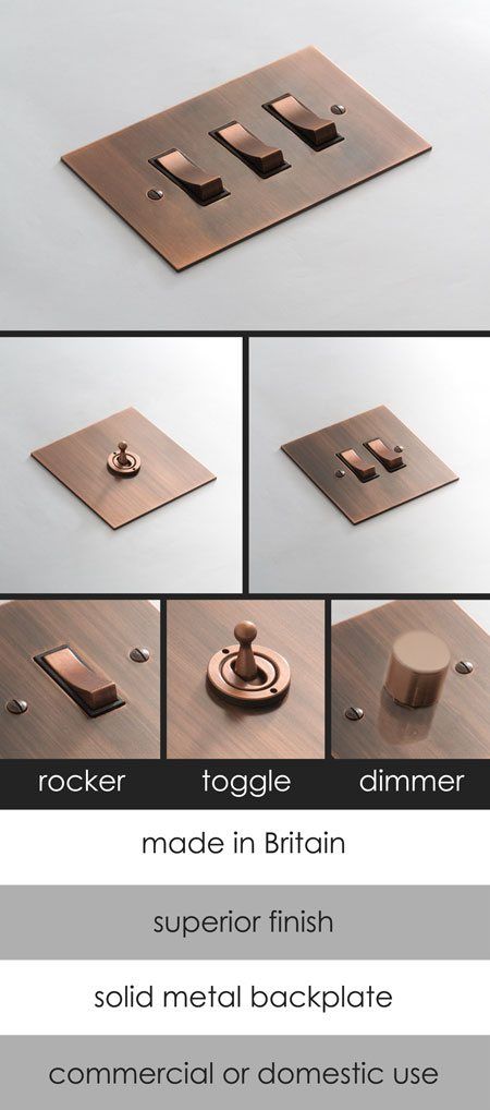 Designer Light Switches, Electric Garage Doors, Electric Switch, Light Switches And Sockets, Electric Plug, Copper Light, Plug Sockets, Copper Bathroom, Brushed Copper