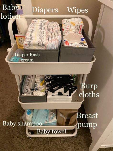 Nappy Trolly Ideas, Diaper Caddy On Dresser, Postpartum Caddy For Mom, Bedside Caddy For Baby, Bed Side Nursery, Nursery Caddy Cart, Newborn Caddy Essentials, Baby Cart Organizer, Baby Trolley Organiser