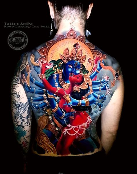 The Hindu Goddess Kali by Revo, owner of Over Ink Tattoo in Java and artist at Luxury Ink, Bali. Kali Back Tattoo, Kali Tattoo, Hindu Tattoos, Traditional Japanese Tattoo Designs, Hindu Tattoo, Kali Mata, Goddess Kali, Goddess Tattoo, Witch Tattoo