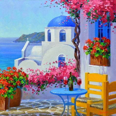 SA0614 Romance in Santorini 14x14 Greece House, Greece Painting, Greece Pictures, Mediterranean Landscaping, Dream Painting, Easy Canvas, Painting Easy, Simple Acrylic Paintings, Diamond Mosaic