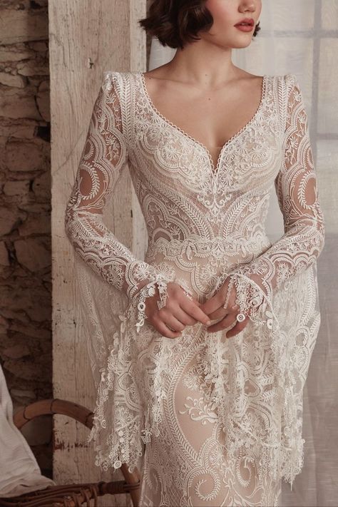 Vintage Inspired Lace Wedding Dress, Boho Lace Wedding Dress With Sleeves Vintage, Boho Wedding Dress Vintage, Wedding Dress With Fun Sleeves, Hippie Wedding Dress Bohemian Vintage, Bell Wedding Dress, Lace Long Sleeve Boho Wedding Dress, Unconventional Long Sleeve Wedding Dress, Sleeve Boho Wedding Dress