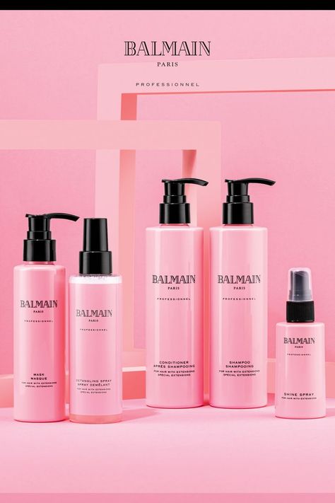 Five bottles of Balmain Hair Professional hair care range on a pink background. Balmain Hair Extensions, Hair Keratin, Balmain Hair, Damaged Hair Repair, Hair Care Routine, Argan Oil, Damaged Hair, Almond Oil, Human Hair Extensions