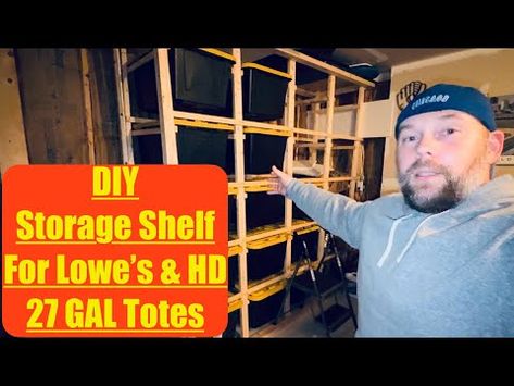 Watch Me Build a Plastic Tote Container Storage Shelf out of Wood Cheap DIY How To Idea On A Budget - YouTube Plastic Tote Storage Ideas, Tote Storage Shelves Diy, Diy Tote Storage Rack, Storage Bins Diy, Storage Bin Shelves, Shed Shelving, Diy Bucket, Movable Storage, Diy Storage Shelves