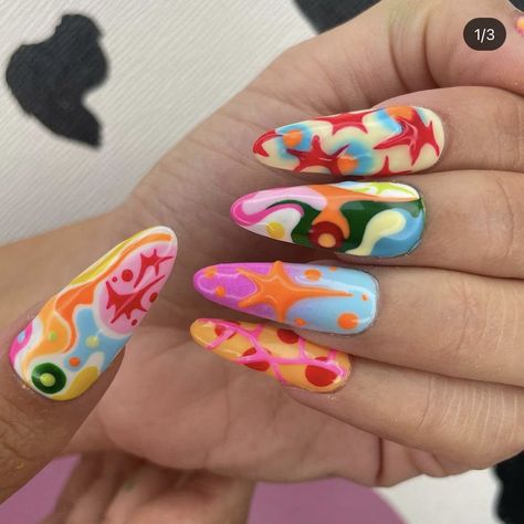 Nail Designs Unique Different, Super Colorful Nails, Artsy Nail Art, Eclectic Nail Art, Godzilla Nails, Mismatch Nail Designs, Rave Nails Festivals, Weird Nail Ideas, Weird Nail Art