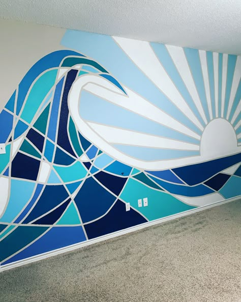 Ocean Mural Bedroom, Ocean Themed Mural, Beach Mural Painted, Water Themed Murals, Ocean Wall Mural, Wave Mural, Wall Painting Ideas Creative, Geometric Wave, Ocean Mural