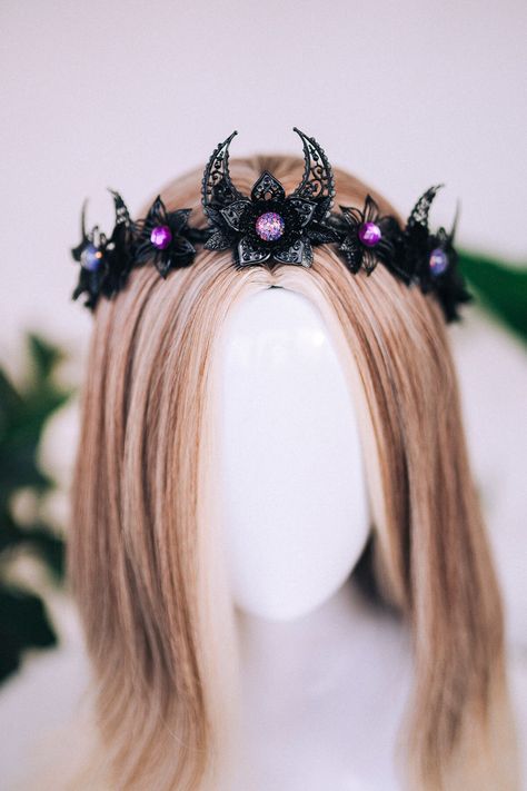 Black And Purple Crown, Crown Halloween Costume, Purple Vampire, Purple Flower Crown, Elf Tiara, Tiara Black, Moon Crown, Elven Tiara, Black Tiara