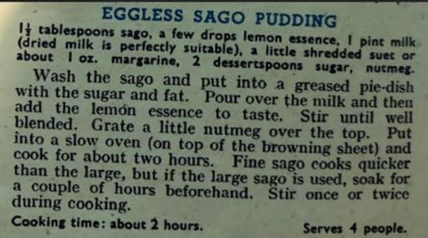 1942 Recipe: Eggless Sago Pudding - Vintage Cooking (The Student Version) Sago Pudding Recipe, Sago Pudding, Save Fuel, Vintage Cooking, Dessert Options, Rice Pudding, Dessert Spoons, Baking Paper, The Hard Way