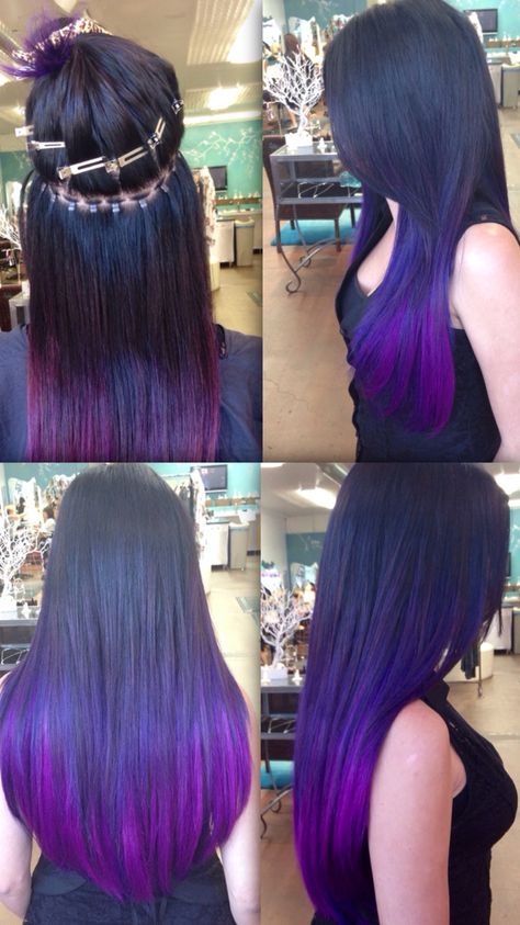 Silicone beaded sew in hair extensions & brunette/purple ombré hair color by hairstylist: Elizabeth Cedillo Purple Hair With Extensions, Dark Hair With Purple Extensions, Purple Panels In Hair, Purple Money Piece Black Hair, Long Black And Purple Hair, Black Hair With Color Extensions, Colored Extensions Ideas, Carissa Core, Black To Purple Ombre Hair