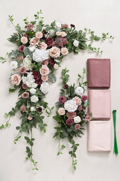 Flower Arch Decor with Drapes in Dusty Rose & Mauve Flower Arch Decor, Table Flower Decor, Sweetheart Table Flowers, Dusty Rose Wedding Colors, Flower Swag, Dusty Pink Weddings, Arch Decor, Mauve Wedding, Large Flower Arrangements