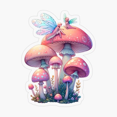 Get my art printed on awesome products. Support me at Redbubble #RBandME: https://www.redbubble.com/i/sticker/Enchanted-Forest-Fairies-on-Mushroom-Fairycore-cottagecore-Fantasy-Art-by-Unitepeople/159907601.O9UDB?asc=u Fantasy Stickers Aesthetic, Fairycore Stickers, Fairycore Forest, Mushroom Stickers, Forest Fairies, Aesthetics Art, Fairy Stickers, Mystical Forest, Fairycore Cottagecore