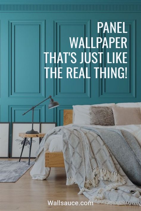 Wall Panel Effect Wallpaper, Colorful Wainscoting Ideas, Wood Panel Wallpaper Bedroom, Panelled Wallpaper Bedroom, Peel And Stick Wainscoting, Panelled Wallpaper, Wainscoting Wallpaper, Peel And Stick Wall Panels, Panelled Walls