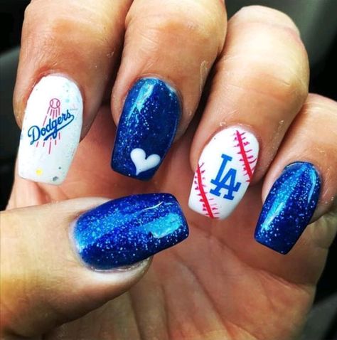 LA Dodgers Nails Dodger Nails Designs Los Angeles, Los Angeles Dodgers Nails, La Dodgers Nails Design, Dodgers Nails Designs, Dodger Nails Designs, La Dodgers Nails, Dodger Blue Nails, Dodgers Nails, Dodger Nails