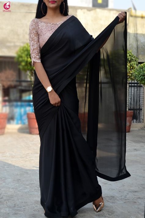 Latest Black Saree Designs, Accessories On Saree, Blouse Designs For Satin Saree, Black Satin Saree Look, Satin Saree Blouse Designs Latest, Black Saree Look Traditional, Black Net Blouse Designs Latest, Satin Saree Blouse Designs, Black Saree For Farewell