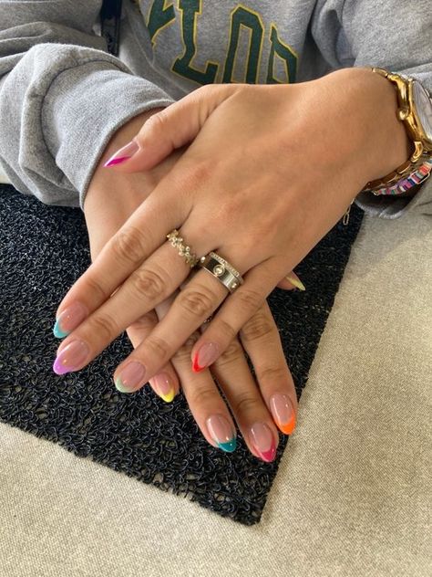 Colourful Tips Acrylic Nails, French Tip Acrylic Nails Summer Colors, French Tips Acrylic Colorful, Summer Colourful Nails, Multicolour French Tips, Multi Colored French Tips, Colorful French Tips Nails, Multicolour French Tip Nails, Colourful Tips Nails