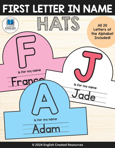 First Letter In Name Hats Kids English Worksheets, English Created Resources, Tag Alphabet, Teaching Shapes, English Activities For Kids, Alphabet Phonics, Name Crafts, School Certificates, Name Activities