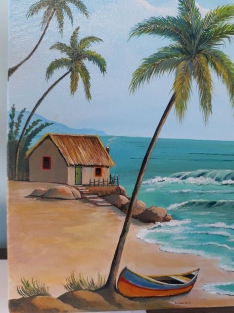 Scenery Canvas Painting, Beginners Acrylic Painting, Beach Sunset Painting, Painting On Canvas For Beginners, Beach Art Painting, Black Canvas Paintings, Landscape Painting Tutorial, Easy Painting Ideas, Beach Canvas Art