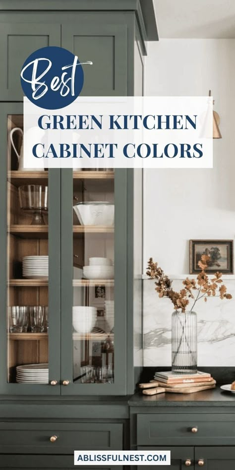 Spruce up your kitchen with the best green cabinet colors! From soothing sage to vibrant emerald, we've got you covered with the perfect shade for a fresh and stylish kitchen look. #greenkitchen #greenkitchencabinetcolors #interiordesign Cushing Green Cabinets, Green Gray Kitchen Cabinets, Gray Green Kitchen Cabinets, Green Cabinet Colors, Green Kitchen Cabinet Colors, Green Kitchen Paint, Kitchen Cupboard Colours, Green Kitchen Cabinet, Gray Cabinet Color