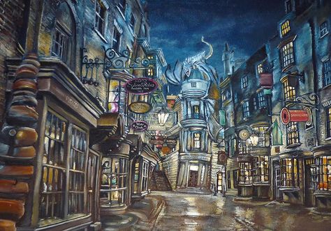 Diagon Alley Diagon Alley Drawing, Alley Drawing, Harry Potter Art Painting, Hogwarts Poster, Harry Potter Coloring Book, Harry Potter Diagon Alley, Hp Book, Harry Potter Painting, Castle Painting