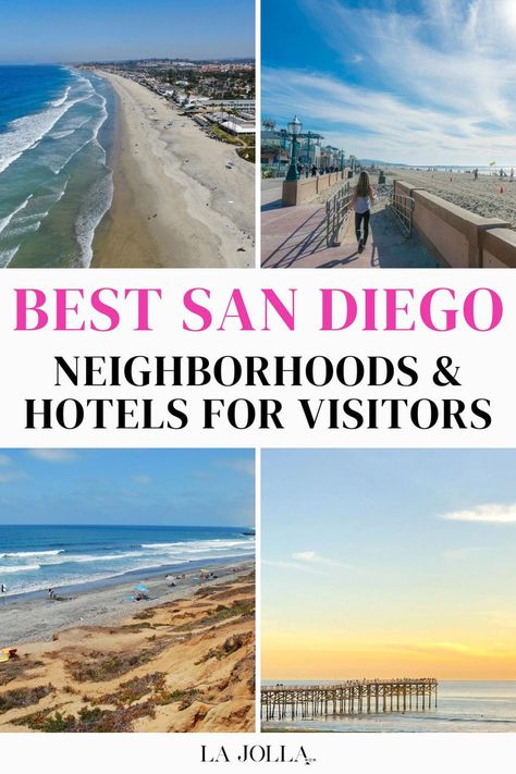 A collage showcasing San Diego's scenic beaches, piers, and beachfront walkways under clear blue skies. Hotels In California, San Diego Neighborhoods, San Diego Trip, San Diego Hotels, San Diego Vacation, San Diego Travel, Beachfront Hotels, Quiet Beach, Answer The Question