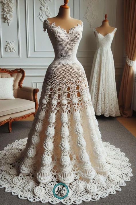 Crochet Wedding Dress Knitted Wedding Dress, Crochet Prom Dresses, Crochet Gown, Crochet Wedding Dress, Crochet Wedding Dress Pattern, Crochet Wedding Dresses, Summer Dress Patterns, Amazing Crochet, Wedding Dress Patterns