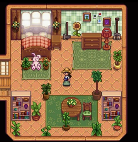 Stardew Valley House Interior Birch, Stardew Valley Indoor Design, Stardew Valley Small House Interior, Cozy Stardew Valley House, Stardew Mine Decor, Stardew Farmhouse Design, Stardew Valley House Interior No Mods Pink, Stardew Valley Farm Layout Standard Cute, Stardew Valley House Interior 1st Upgrade