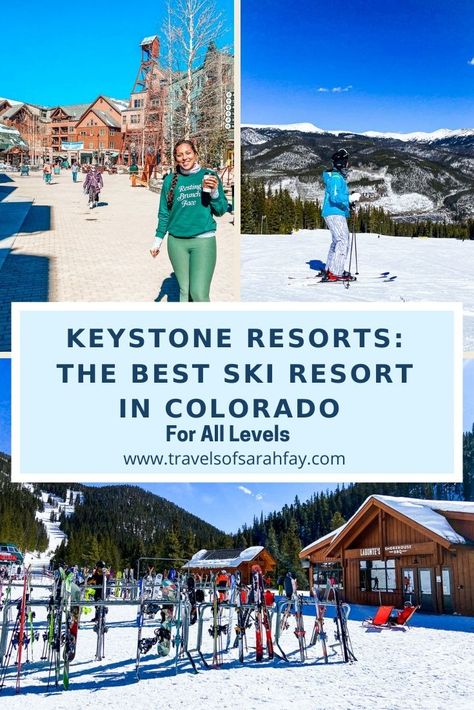 Top left image Sarah travel blogger with coffee in River Run Village, top right Sarah skiing at Keystone Resort, and bottom photo is Labonte's bbq on mountain dining and ski rack. Keystone Colorado Winter, Best Family Ski Resorts, Colorado Ski Trip, Keystone Ski Resort, Colorado Resorts, Vail Resorts, Ski Travel, Colorado Ski Resorts, Family Ski Trip