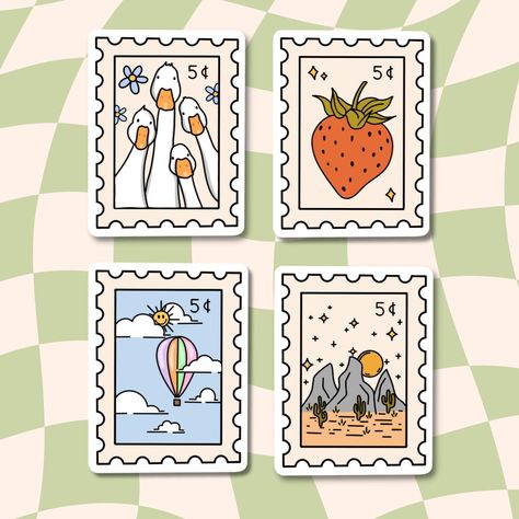 Waterproof Stamp Stickers  ⋒ S i z i n g ⋒ 1.5x2 inches  ⋒ S t y l e s ⋒ +Strawberry Stamp +Desert Stamp +Duck Stamp + Balloon Stamp +One of each (4 pack) *Save $2* ⋒ M a t e r i a l s ⋒ Glossy sticker paper, waterproof stickers are made with vinyl sticker paper and sealed with a clear vinyl.  ⋒ W a t e r p r o o f ⋒ Note* Stickers are hand wash only. NOT dishwasher friendly. For best results and to prolong the life of your label, apply to clean dry surface. Stickers adhere best to smooth surfac Post Stamp Sticker, Strawberry Stamp, Flower Water Bottle, Duck Stamp, Stamp Stickers, Stickers Cool, Sticker Aesthetic, Flower Water, Stickers Laptop