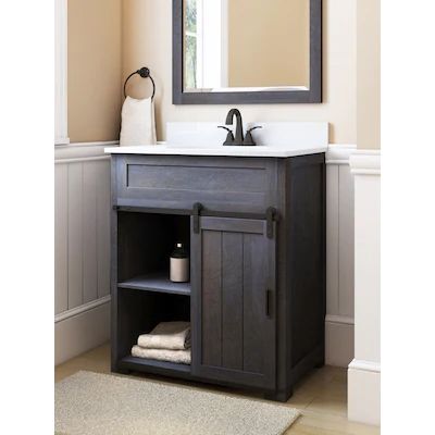 Boston Loft Furnishings Bains 32-in Single Sink Bathroom Vanity with White Speckled, Black Galaxy Granite Top in the Bathroom Vanities with Tops department at Lowes.com Lowes Bathroom Vanity, Lowes Bathroom, Black Cabinets Bathroom, Small Bathroom Sinks, Farmhouse Vanity, Bathroom Sink Cabinets, Small Bathroom Vanities, Boys Bathroom, Half Bathroom