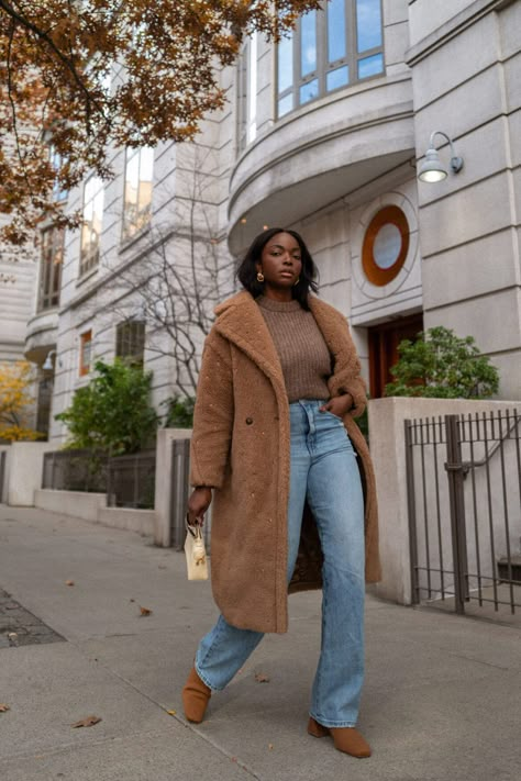 Inspo for your cozy chic aesthetic winter outfits featuring teddy pieces from MaxMara Fuzzy Trench Coat Outfit, Cute Teddy Aesthetic, Teddy Bear Coat Outfit Winter, Winter Outfits Earmuffs, Brown Teddy Jacket Outfit, Plus Winter Outfits, Brown Teddy Coat Outfit, Travel Winter Outfits, Teddy Aesthetic