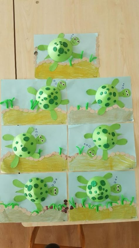 Turtles Crafts Preschool, Turtle Kids Craft, Turtle Crafts For Preschoolers, Sea Animal Crafts For Preschool, Turtle Art For Kids, Turtle Art Project, Turtle Craft, Summer Preschool Crafts, Ocean Animal Crafts