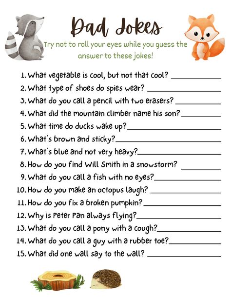 Introducing Woodland Wonders Baby Shower Games Bundle! This is designed to make your celebration memorable and fun-filled! Embrace the enchanting world of forest creatures with a delightful combination of classic games and unique twists. Download and print all files.  Dad Joke: Each guest gets a chance to think of their best answer to these dad jokes. The most clever answers wins! Guess Who: Ask the parents to be to fill this out beforehand. Then give it to guests to fill out. Go over the answer Non Traditional Baby Shower Games, Co Ed Baby Shower Games, Coed Baby Shower Games, Unique Baby Shower Games, Co-ed Baby Shower Games, Board Game Themes, Animal Baby Shower Games, Baby Shower Games Coed, Ladybug Baby Shower