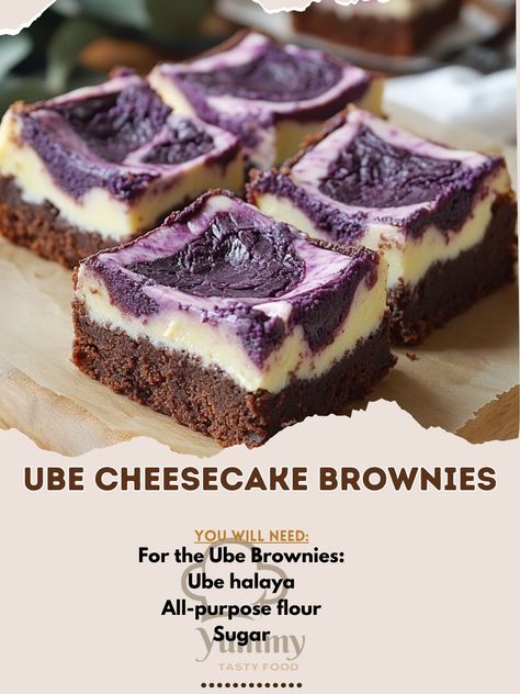 🍠 "Ube and cheesecake lovers unite! Indulge in Ube Cheesecake Brownies—a fusion of flavors that’s simply divine!" 💜🍰 #UbeCheesecake #DessertGoals Ube Cheesecake Brownies Ingredients: For the Ube Brownies: Ube halaya (0.5 cup) All-purpose flour (1 cup) Sugar (0.75 cup) Butter, melted (0.5 cup) Eggs (2) Ube extract (1 tsp) Baking powder (0.5 tsp) Salt (0.25 tsp) For the Cheesecake Layer: Cream cheese, softened (8 oz) Sugar (0.5 cup) Egg (1) Vanilla extract (1 tsp) Instructions: Preheat ov... Ube Brownies, Ube Extract, Ube Cheesecake, Ube Halaya, Brownies Ingredients, Cozy Fall Recipes, Cheesecake Layer, Cheesecake Lovers, Cheesecake Cups