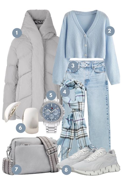 This winter fashion moodboard is a breath of fresh air, featuring a palette of cool blues and crisp greys that bring the essence of a frosty morning sky to your wardrobe. The snug puffer jacket promises to keep the chill at bay, layered over a soft, pastel blue cardigan that combines comfort with a touch of casual elegance. The classic denim adds a timeless quality, and the check scarf wraps the look together with a cozy accent. Blue Puffer Jacket Outfit, Puffer Jacket Outfits, Scarf Wraps, Frosty Morning, Crisp White Blouse, Flowing Blouse, Form Fitting Tops, Blue Puffer Jacket, Check Scarf