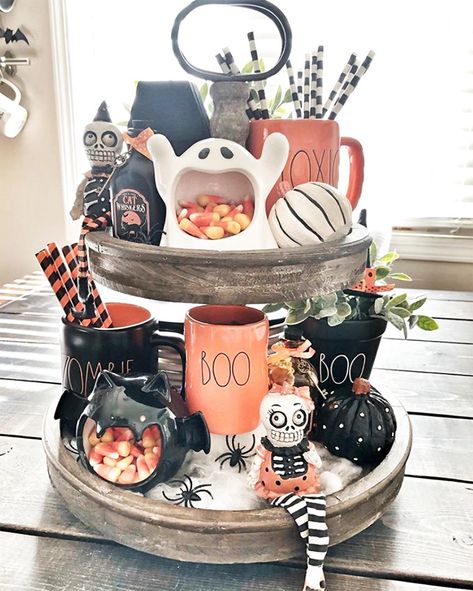 Inspirational Farmhouse RAE DUNN Tiered Trays - The Cottage Market Tired Cake, Halloween Cottage, Three Tiered Tray, October Decor, Casa Halloween, Tier Trays, Tiered Tray Diy, Farmhouse Halloween, Halloween Disney