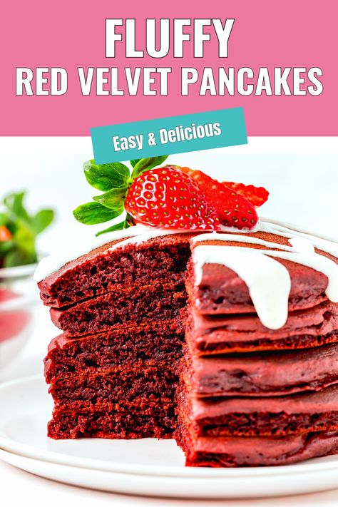 Fluffy Red Velvet Pancakes stack on a plate. Pancakes No Eggs, Eggless Breakfast, Egg Free Breakfast, Red Velvet Pancakes, Flavored Pancakes, Savory Waffles, Tasty Pancakes, Pancakes Easy, Christmas Breakfast