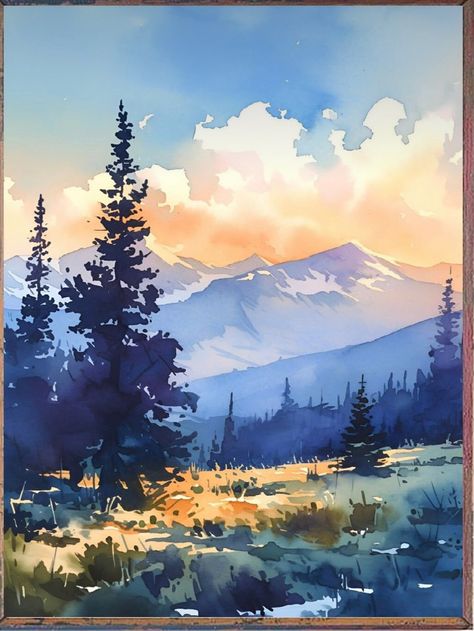 Abstract Tree Painting, Diy Watercolor Painting, Watercolour Inspiration, Watercolor Projects, Watercolor Mountains, Landscape Art Painting, Watercolor Landscape Paintings, Watercolor Art Lessons, Watercolor Trees