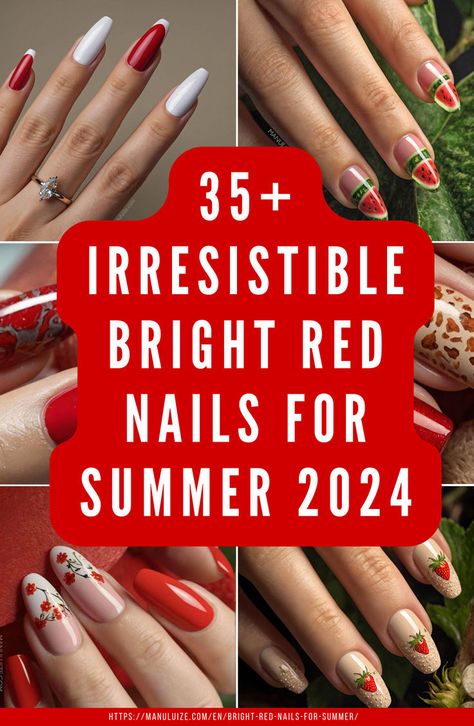 35+ Irresistible Bright Red Nails for Summer 2024 Summer Nail 2024 Trends Red, Red Nails Ideas Summer, Red Nails 2024 Trends, Red Nails Ideas 2024, Summer Red Nails 2024, Red Beach Nails, Red Summer Nails 2024, Nails Acrylic Red French Tip, Acrylic Red French Tip