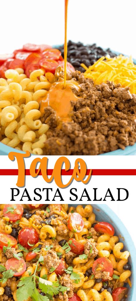 Cold Mexican Dishes, Ground Beef Potluck Dishes, Pasta Potluck Recipes, Mexican Potluck Dishes, Mexican Dishes For Party, Cold Potluck Dishes, Taco Pasta Salad, Taco Pasta, Cold Pasta Salad