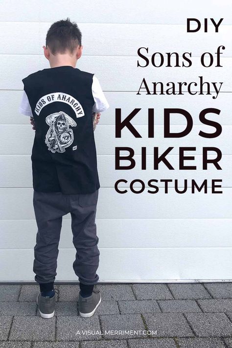 Looking for a totally rad Halloween costume for your little guy or big boy? This is simple to make and you'll find most of the supplies at home already! My boys thought they were so cool in their Son's of Anarchy mini costume for kids. Head over to the blog to see more! A Visual Merriment | kids of anarchy biker halloween costume toddler bikie jacket baby cosplay diy | #halloween #kids #costume #avisualmerriment Sons Of Anarchy Costume, Biker Halloween Costume, Biker Halloween, Biker Costume, Biker Logo, Baby Cosplay, Costume Toddler, Creative Wreaths, Baby Boy Cards