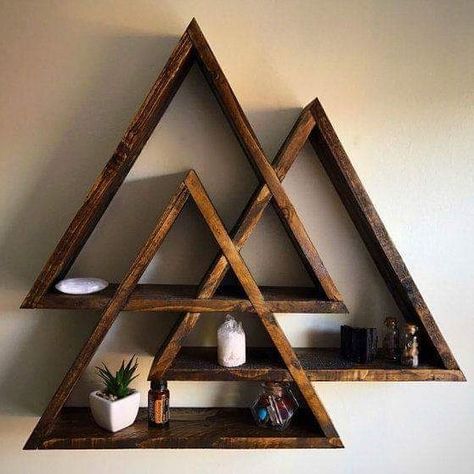 ---Valknut Display Shelf--- *The Valknut (pronounced "VAL-knoot") is one of the most widely-discussed yet enigmatic of all of the symbols… Casa Hobbit, Viking Decor, Triangle Shelf, Crystal Shelves, Crystal Display, Wooden Shelf, Display Shelf, Display Shelves, Home Deco